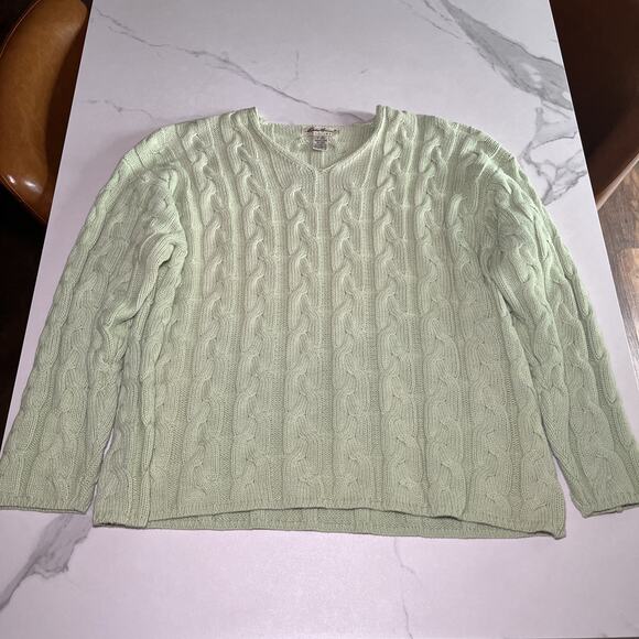 EDDIE BAUER Sweater Women XL Drifter Cable Knit V-Neck Pullover Cotton Green VTG - Picture 1 of 11